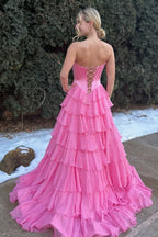 Pink Sweetheart A Line Chiffon Ruffled Long Wedding Guest Dress With Beading - Curvevia