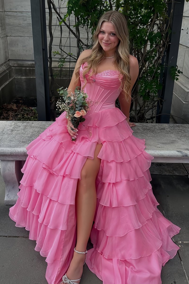 Pink Sweetheart A Line Chiffon Ruffled Long Wedding Guest Dress With Beading - Curvevia