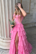 Pink Sweetheart A Line Chiffon Ruffled Long Wedding Guest Dress With Beading - Curvevia