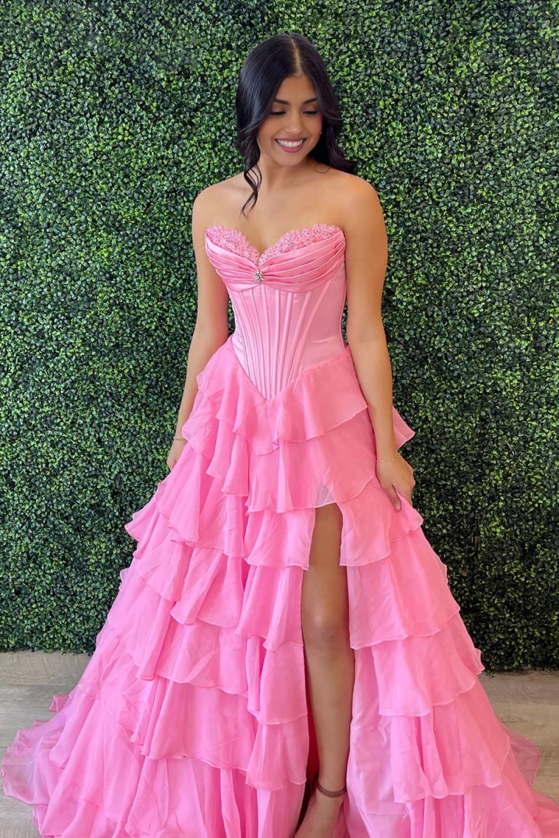 Pink Sweetheart A Line Chiffon Ruffled Long Wedding Guest Dress With Beading - Curvevia