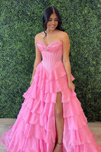 Pink Sweetheart A Line Chiffon Ruffled Long Wedding Guest Dress With Beading - Curvevia