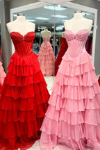 Pink Sweetheart A Line Chiffon Ruffled Long Wedding Guest Dress With Beading - Curvevia