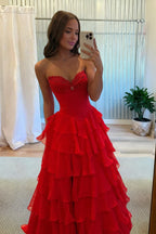 Pink Sweetheart A Line Chiffon Ruffled Long Wedding Guest Dress With Beading - Curvevia