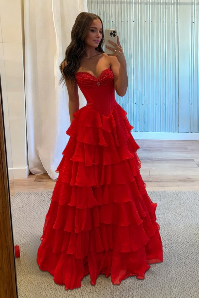 Pink Sweetheart A Line Chiffon Ruffled Long Wedding Guest Dress With Beading - Curvevia