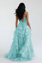 Royal Blue Chiffon Sweetheart Ruffle Tiered Long Prom Dress - Curvevia