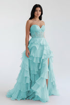 Royal Blue Chiffon Sweetheart Ruffle Tiered Long Prom Dress - Curvevia