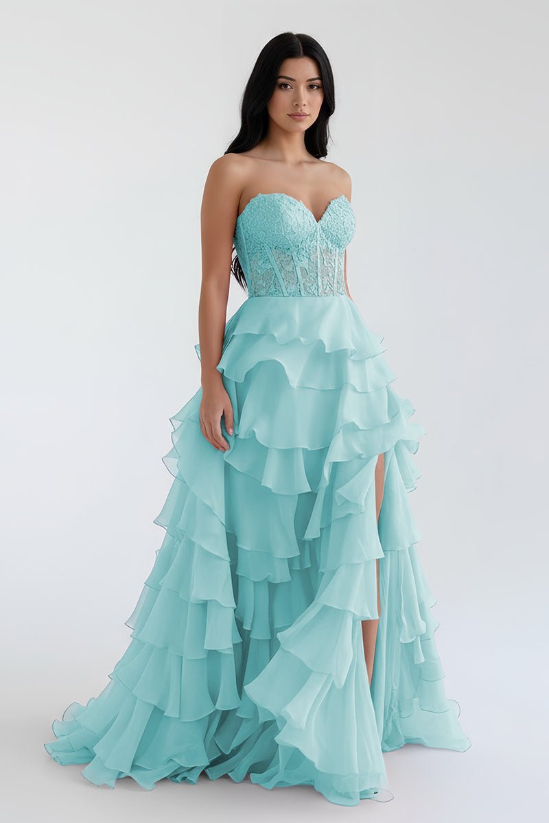 Royal Blue Chiffon Sweetheart Ruffle Tiered Long Prom Dress - Curvevia