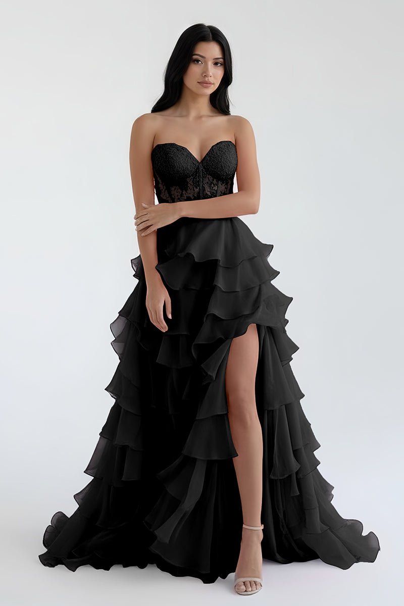 Royal Blue Chiffon Sweetheart Ruffle Tiered Long Prom Dress - Curvevia