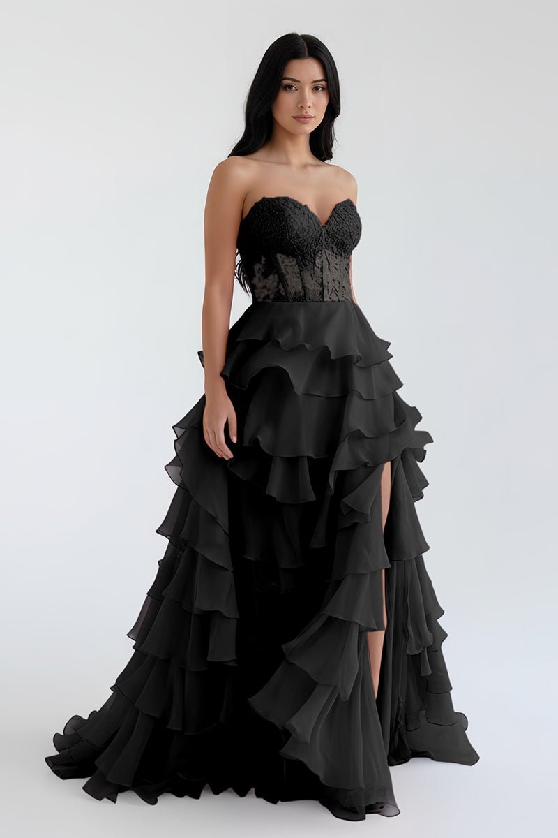 Royal Blue Chiffon Sweetheart Ruffle Tiered Long Prom Dress - Curvevia