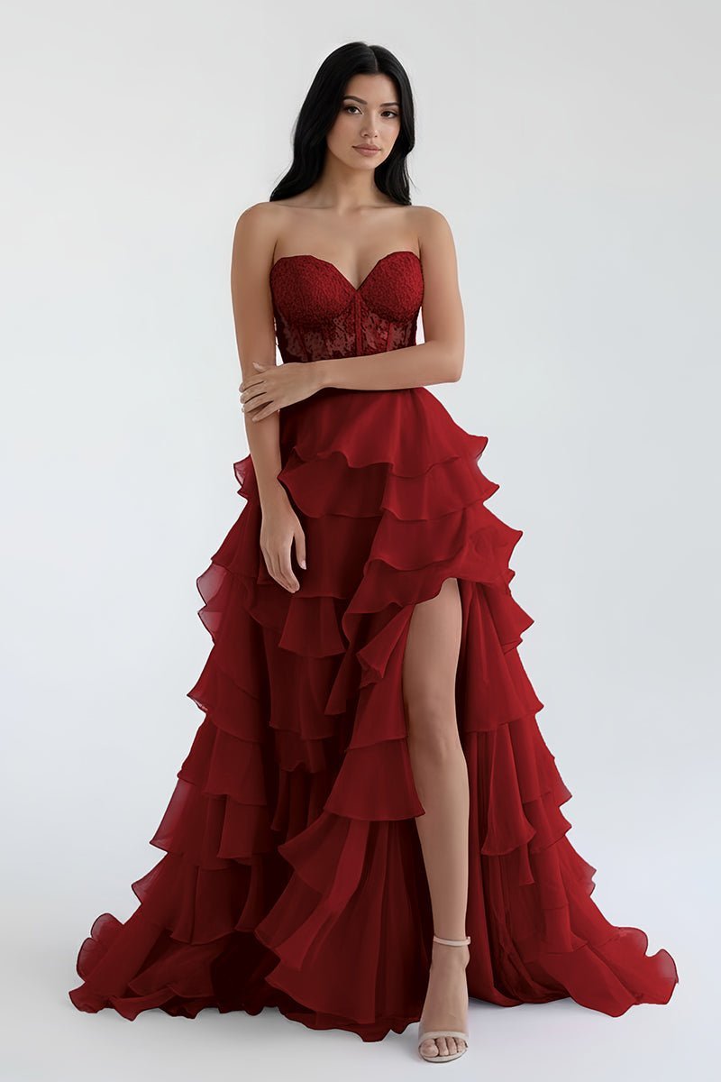 Royal Blue Chiffon Sweetheart Ruffle Tiered Long Prom Dress - Curvevia
