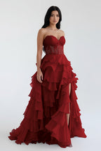 Royal Blue Chiffon Sweetheart Ruffle Tiered Long Prom Dress - Curvevia