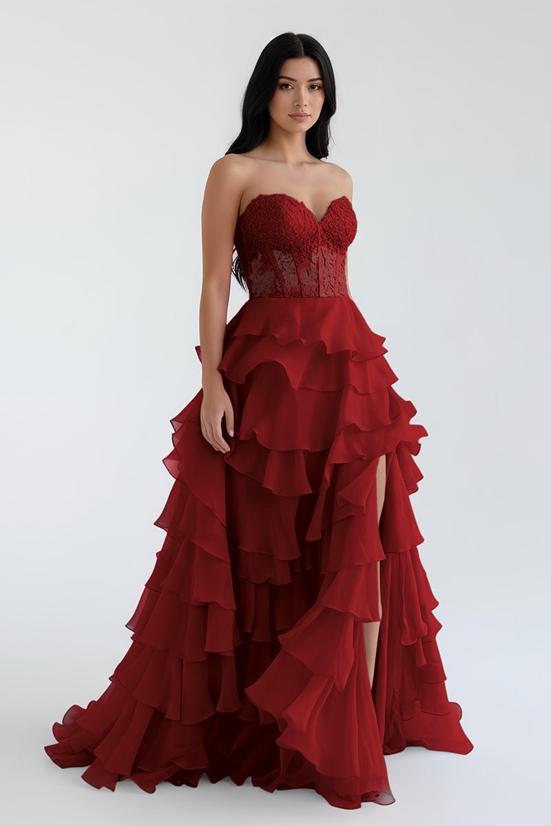Royal Blue Chiffon Sweetheart Ruffle Tiered Long Prom Dress - Curvevia