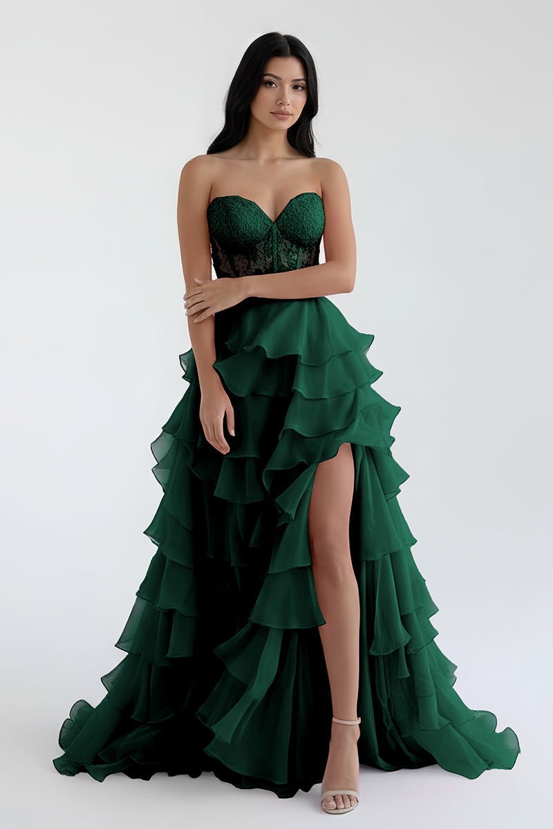 Royal Blue Chiffon Sweetheart Ruffle Tiered Long Prom Dress - Curvevia