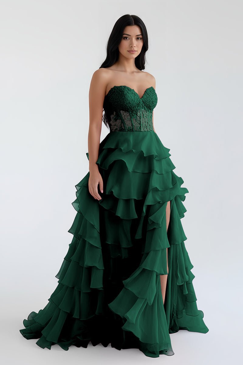 Royal Blue Chiffon Sweetheart Ruffle Tiered Long Prom Dress - Curvevia