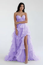 Royal Blue Chiffon Sweetheart Ruffle Tiered Long Prom Dress - Curvevia