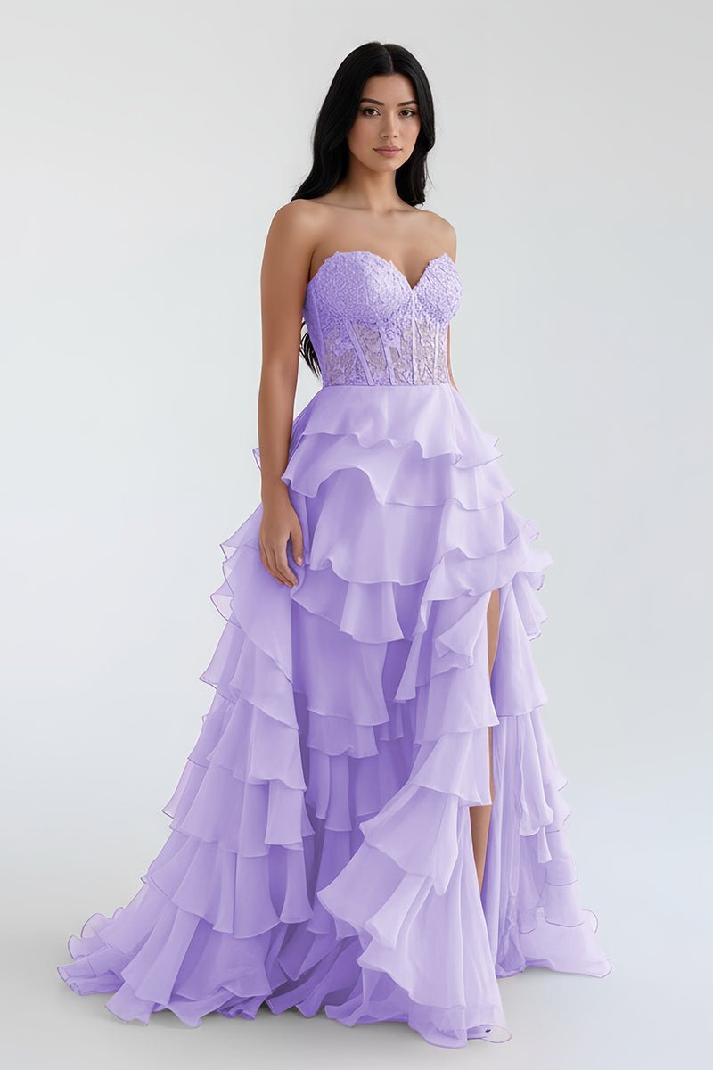 Royal Blue Chiffon Sweetheart Ruffle Tiered Long Prom Dress - Curvevia