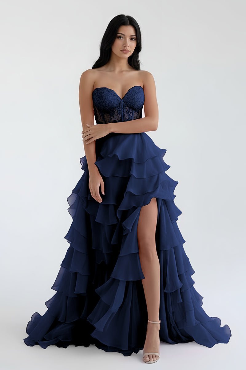 Royal Blue Chiffon Sweetheart Ruffle Tiered Long Prom Dress - Curvevia
