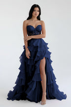 Royal Blue Chiffon Sweetheart Ruffle Tiered Long Prom Dress - Curvevia