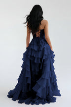 Royal Blue Chiffon Sweetheart Ruffle Tiered Long Prom Dress - Curvevia