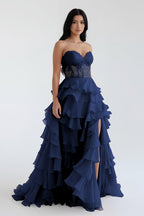 Royal Blue Chiffon Sweetheart Ruffle Tiered Long Prom Dress - Curvevia