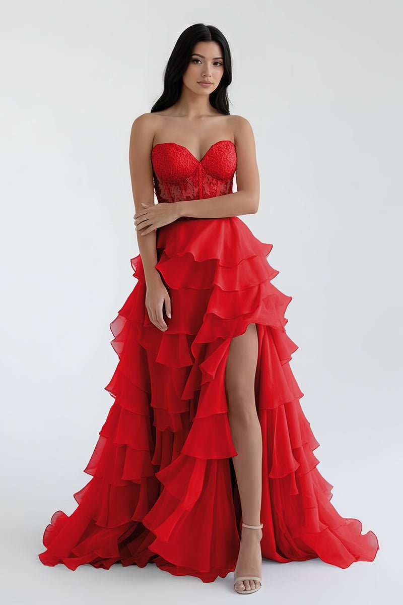 Royal Blue Chiffon Sweetheart Ruffle Tiered Long Prom Dress - Curvevia