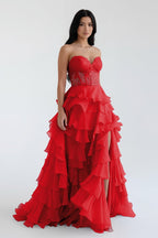 Royal Blue Chiffon Sweetheart Ruffle Tiered Long Prom Dress - Curvevia