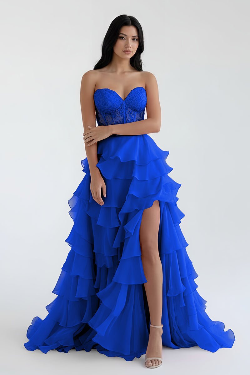 Royal Blue Chiffon Sweetheart Ruffle Tiered Long Prom Dress - Curvevia