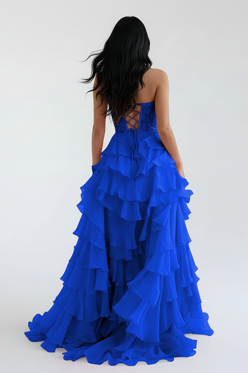 Royal Blue Chiffon Sweetheart Ruffle Tiered Long Prom Dress - Curvevia