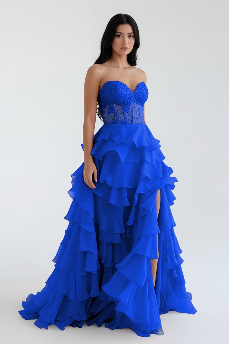 Royal Blue Chiffon Sweetheart Ruffle Tiered Long Prom Dress - Curvevia