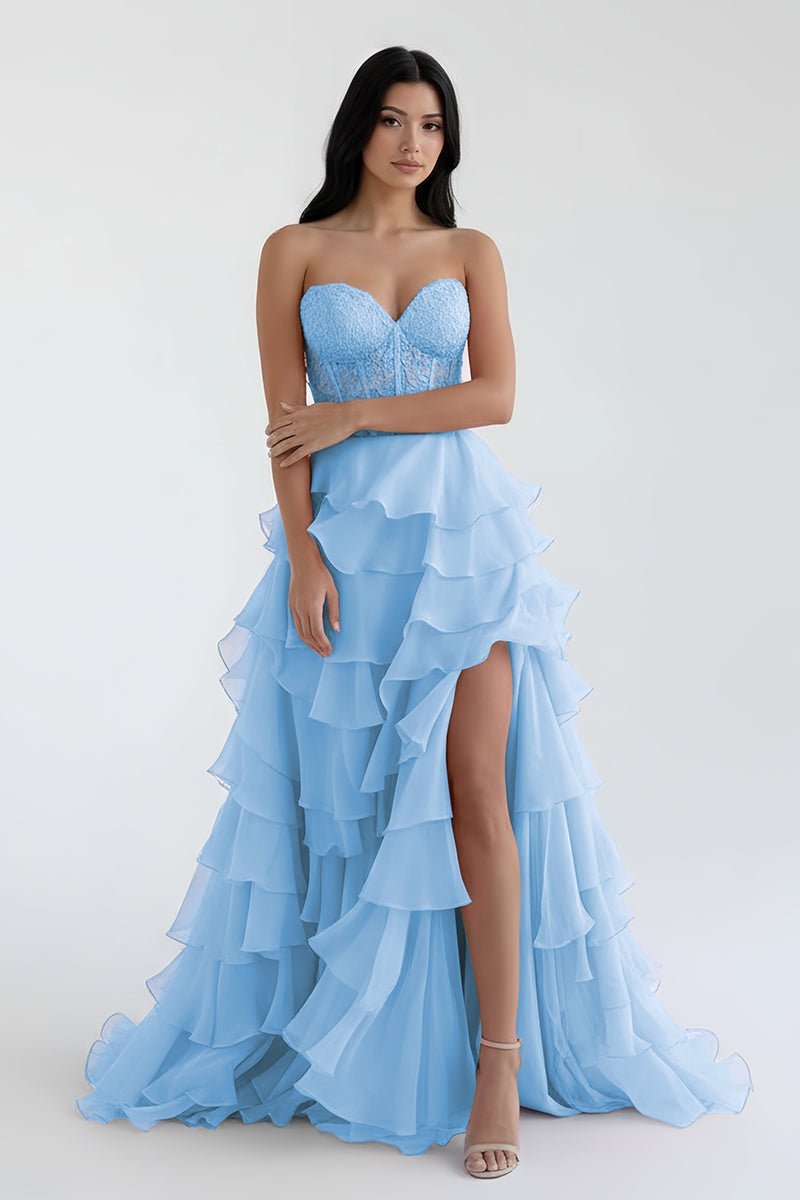 Royal Blue Chiffon Sweetheart Ruffle Tiered Long Prom Dress - Curvevia