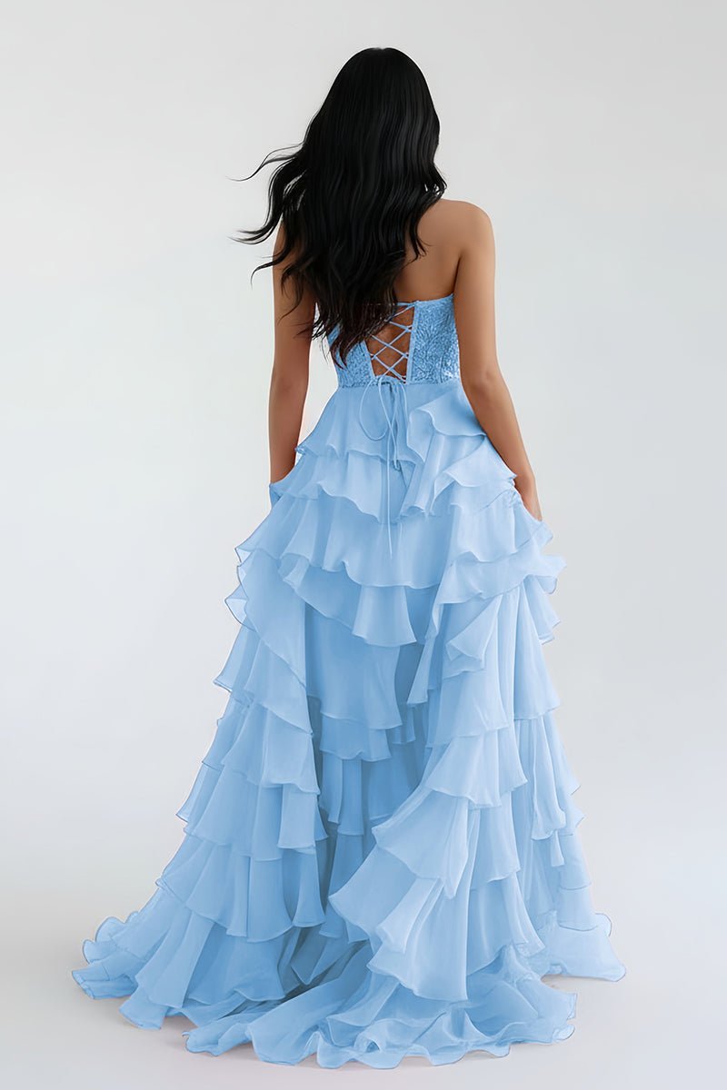Royal Blue Chiffon Sweetheart Ruffle Tiered Long Prom Dress - Curvevia