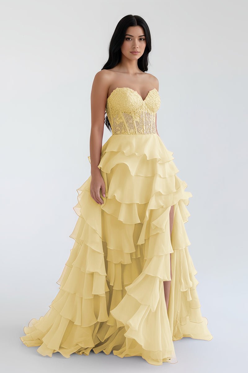 Royal Blue Chiffon Sweetheart Ruffle Tiered Long Prom Dress - Curvevia