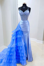 Periwinkle - Spaghetti Straps Mermaid Satin Beaded Prom Dresses With Ruffled Train - Curvevia