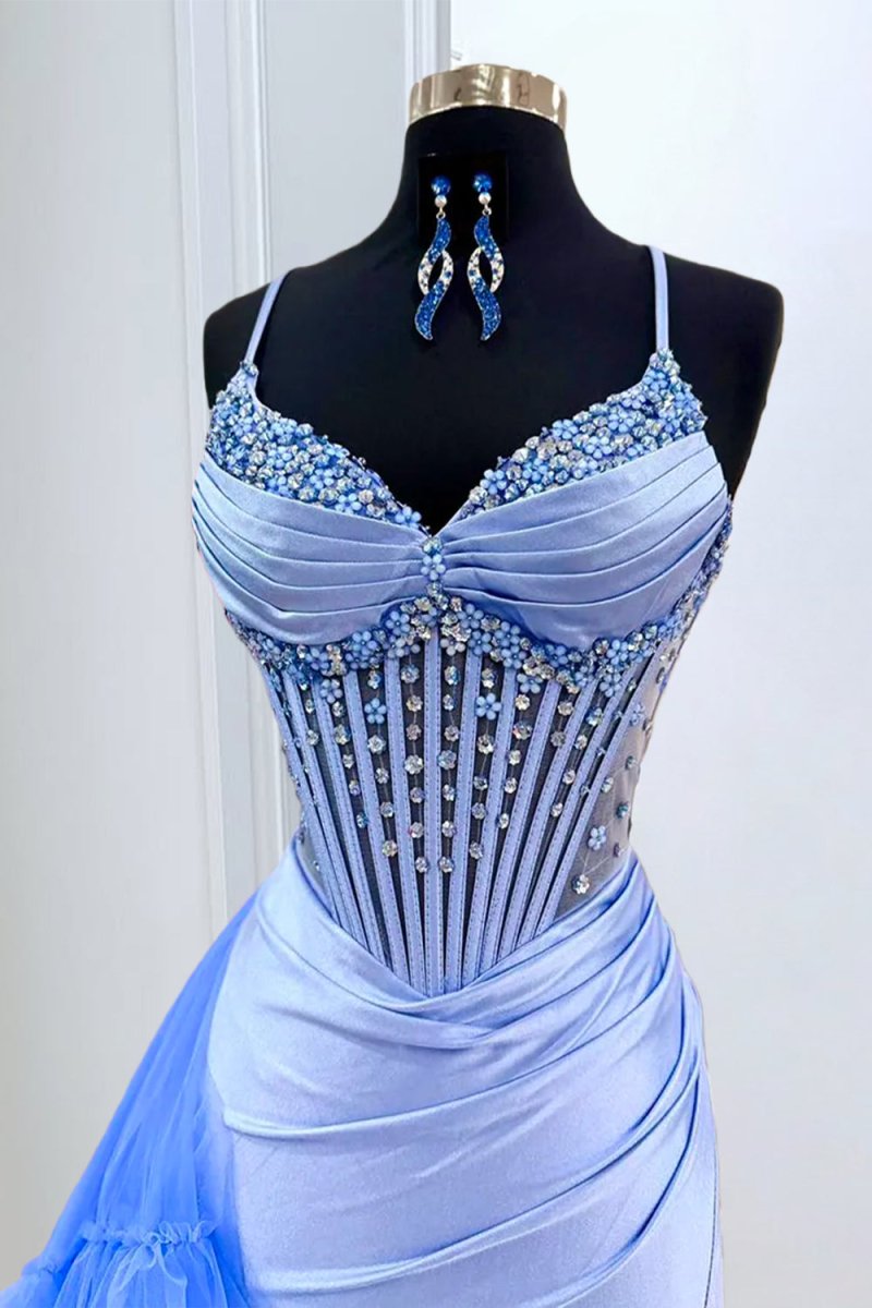 Periwinkle - Spaghetti Straps Mermaid Satin Beaded Prom Dresses With Ruffled Train - Curvevia