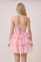 Black Strapless A Line Chiffon Beaded Mini Wedding Guest Dress With Ruffles - Curvevia