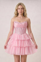Black Strapless A Line Chiffon Beaded Mini Wedding Guest Dress With Ruffles - Curvevia