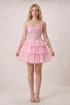 Black Strapless A Line Chiffon Beaded Mini Wedding Guest Dress With Ruffles - Curvevia
