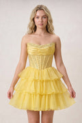 Black Strapless A Line Chiffon Beaded Mini Wedding Guest Dress With Ruffles - Curvevia