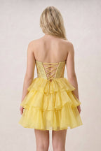 Black Strapless A Line Chiffon Beaded Mini Wedding Guest Dress With Ruffles - Curvevia