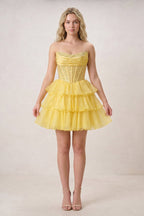 Black Strapless A Line Chiffon Beaded Mini Wedding Guest Dress With Ruffles - Curvevia