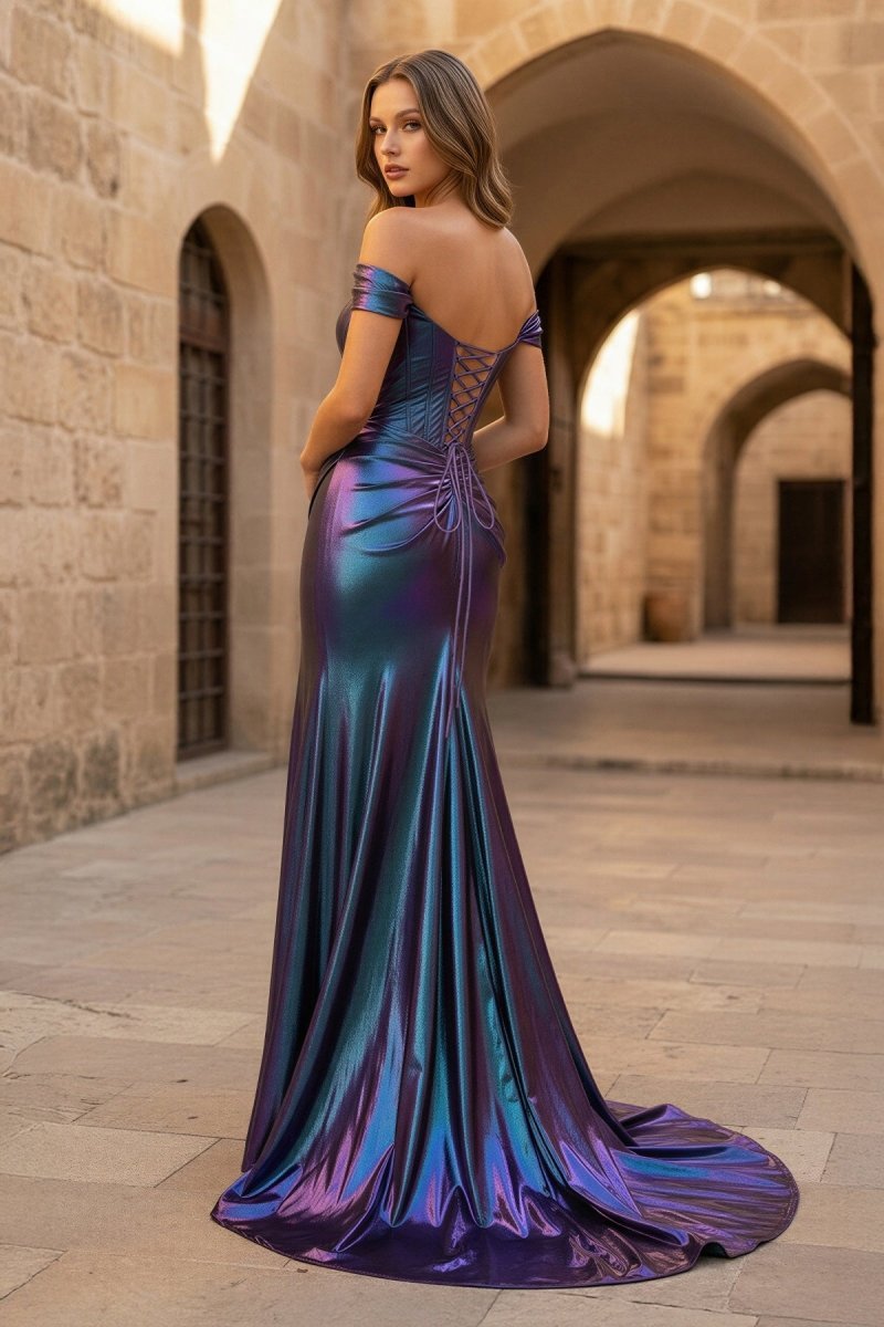 Mermaid Off the Shoulder Purple Metallic Long Prom Dress - Curvevia