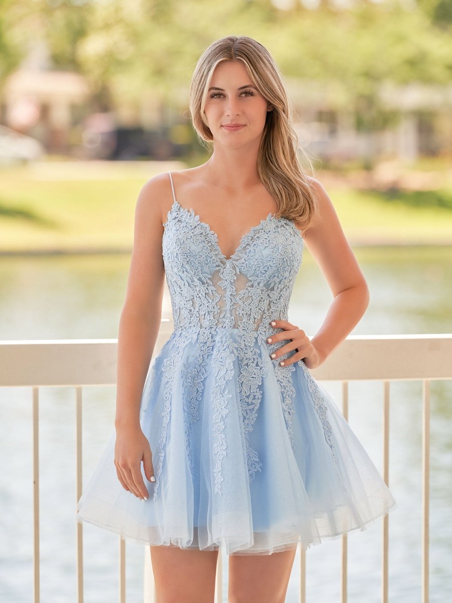 A-Line Spaghetti-Straps Sky Blue Lace Wedding Guest Dress With Appliques - Curvevia
