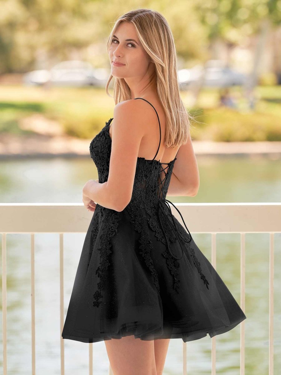 A-Line Spaghetti-Straps Sky Blue Lace Wedding Guest Dress With Appliques - Curvevia