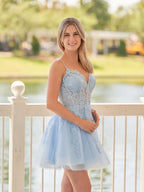 A-Line Spaghetti-Straps Sky Blue Lace Wedding Guest Dress With Appliques - Curvevia