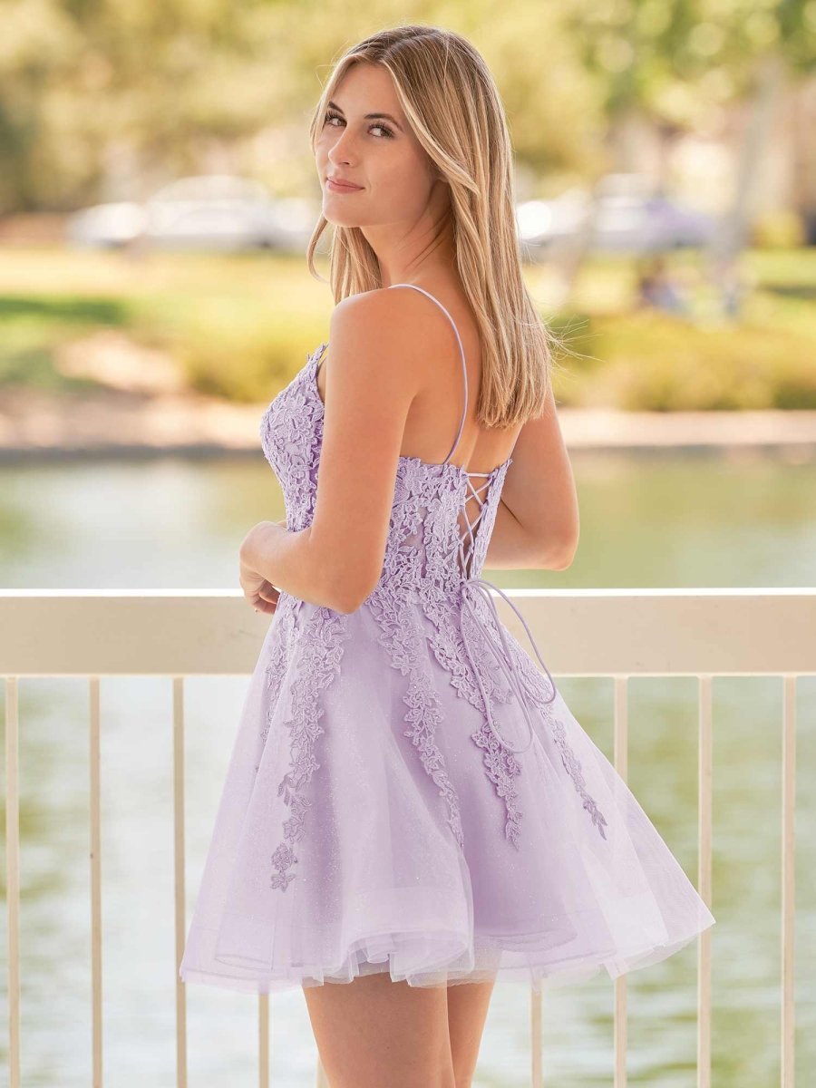 A-Line Spaghetti-Straps Sky Blue Lace Wedding Guest Dress With Appliques - Curvevia