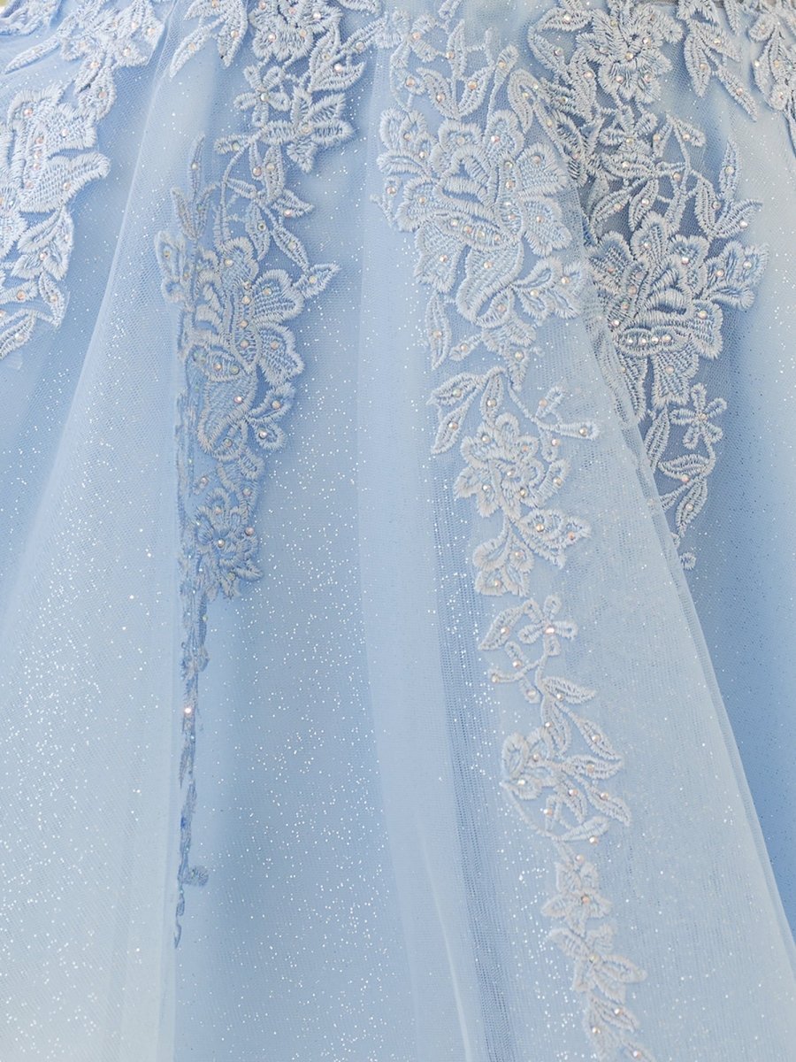 A-Line Spaghetti-Straps Sky Blue Lace Wedding Guest Dress With Appliques - Curvevia