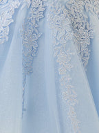 A-Line Spaghetti-Straps Sky Blue Lace Wedding Guest Dress With Appliques - Curvevia