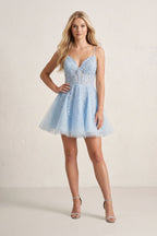 A-Line Spaghetti-Straps Sky Blue Lace Wedding Guest Dress With Appliques - Curvevia