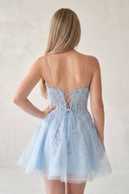A-Line Spaghetti-Straps Sky Blue Lace Wedding Guest Dress With Appliques - Curvevia