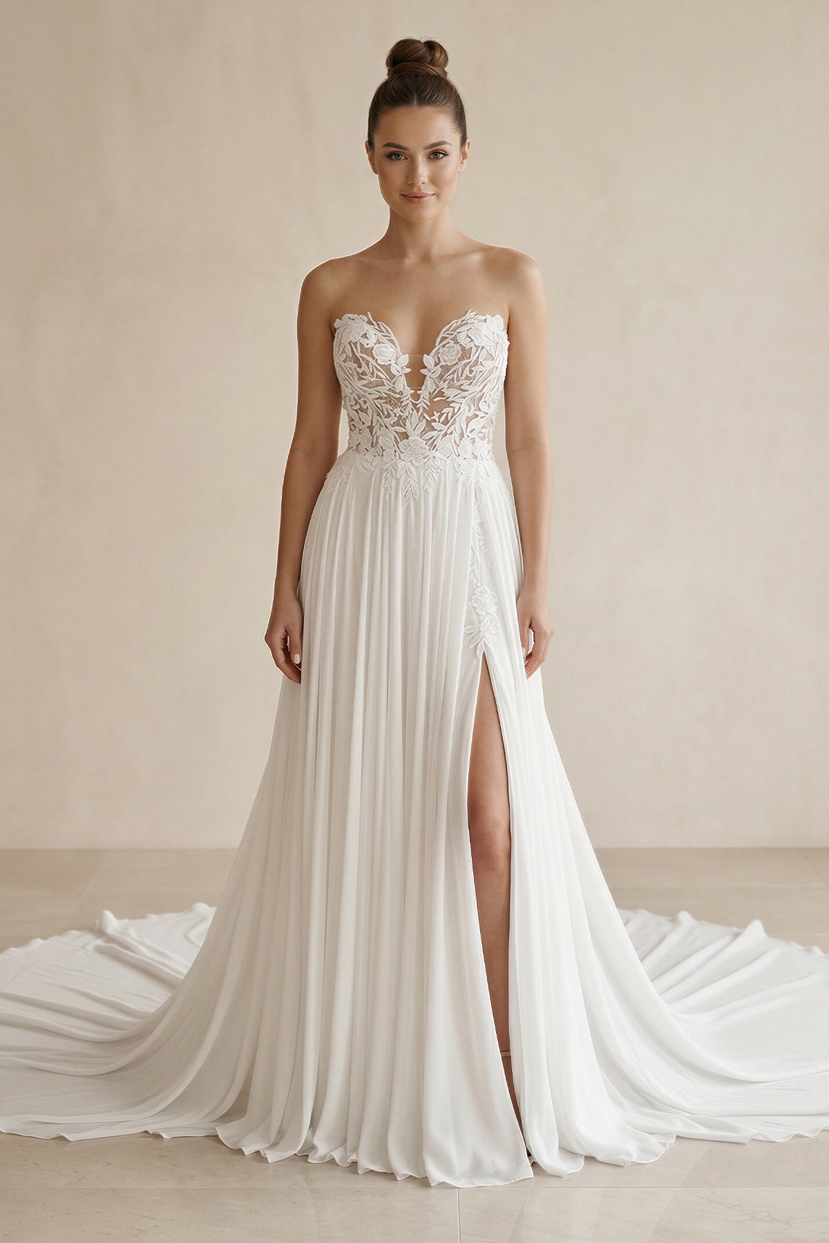 White Sweetheart Long Lace Boho Wedding Dress with Slit - Curvevia